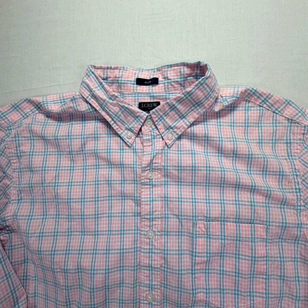 J Crew Mens XL Slim Fit Flex Washed Pink Blue Plaid Button‎ Down Shirt